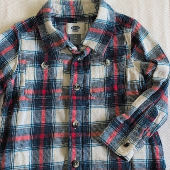 old navy blue plaid cotton flannel button down shirt 2T toddler boys - Picture 3 of 5